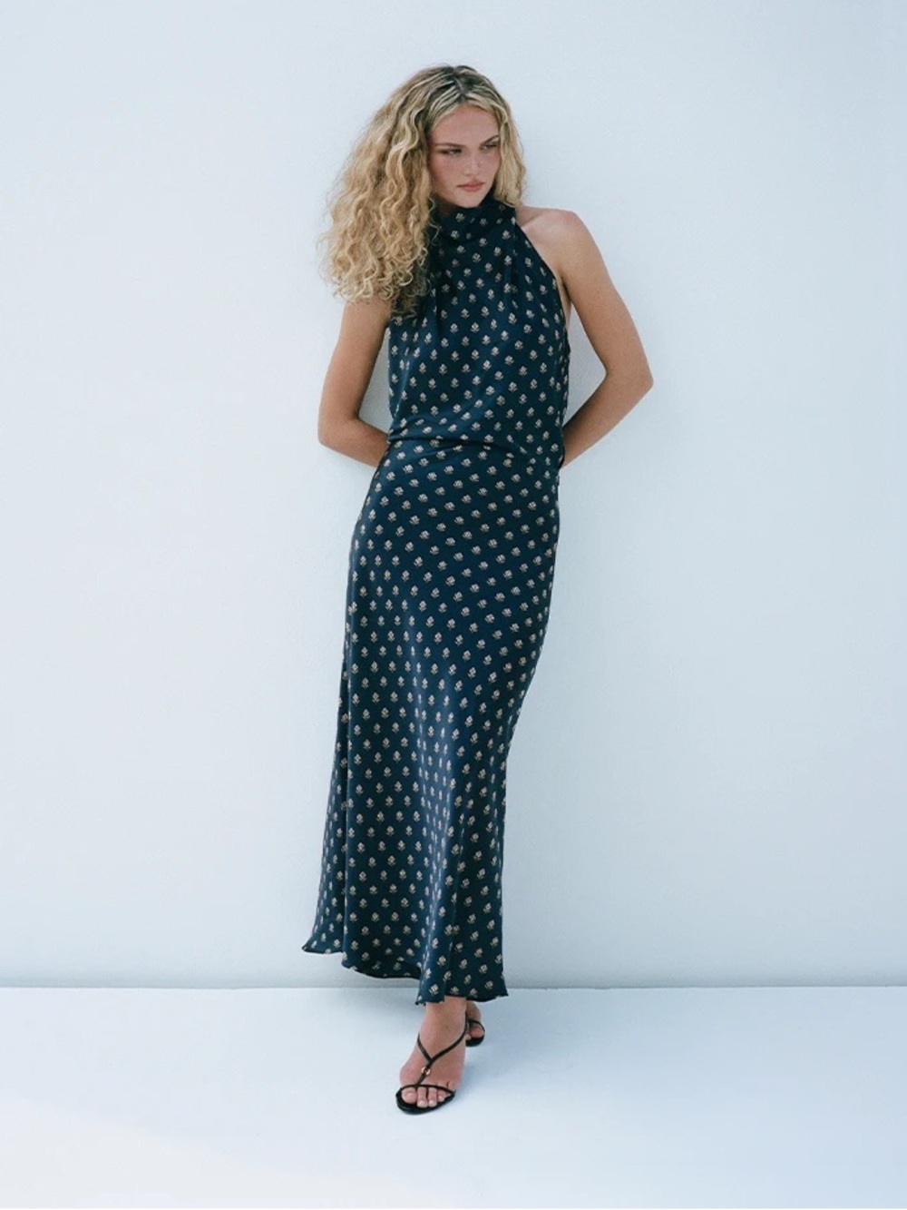 Realisation Par XS Mila Dress in Lotus Halter Silk Maxi Navy Blue
